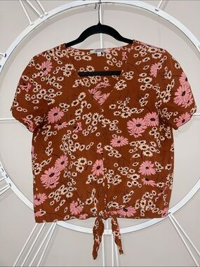 Madewell Brown Floral Tie-Front Blouse with Pink Hillside Daisies